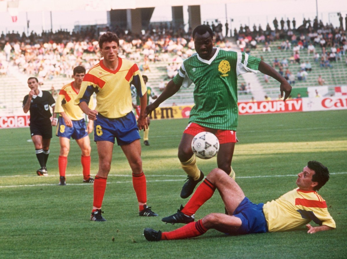 38-year-old Roger Milla (centre) from Cameroon was one of the stars of Italia 90. Photo: PA